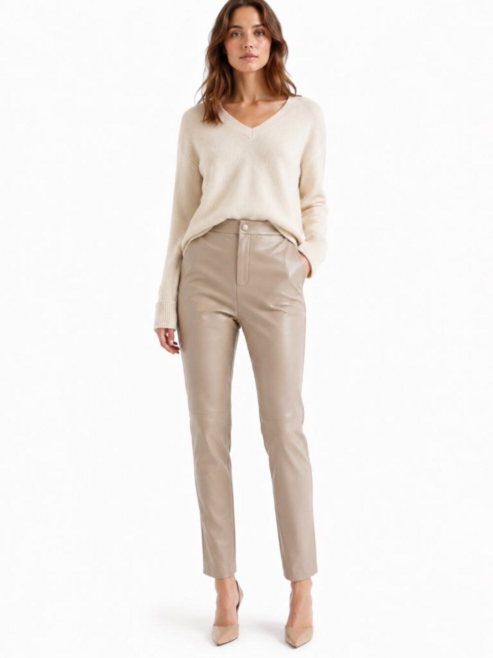 NWT ANTHROPOLOGIE AVEC LES FILLES BEIGE FAUX LEATHER HIGH RISE SKINNY PANTS - S